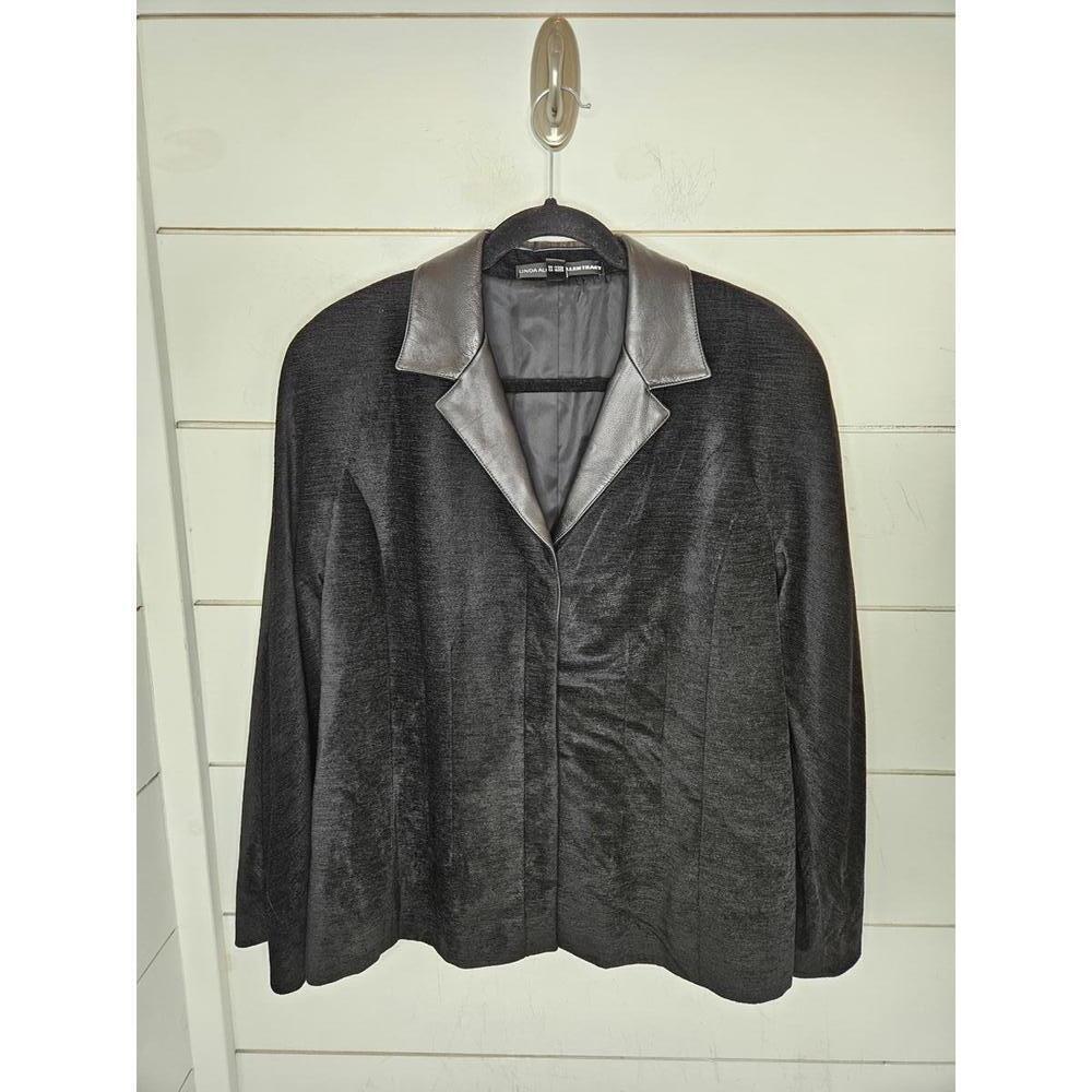 Vintage 90s Linda Allard Ellen Tracy size 14 Black Velvet w/ Leather Trim Jacket